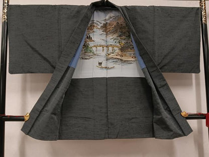 平和屋着物●男性　紬　アンサンブル　色無地　消炭色　正絹　逸品　AABJ7164ph