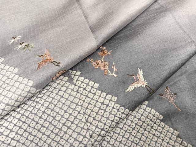 平和屋着物●訪問着　絞り　刺繍　松竹梅飛鶴文　暈し染め　ロング丈　正絹　逸品　未使用　AABJ7175ph