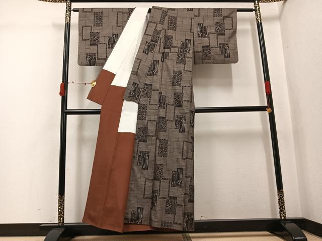 平和屋着物▼本場大島紬　カタス9マルキ　色紙人物文　正絹　逸品　AABJ7178ph