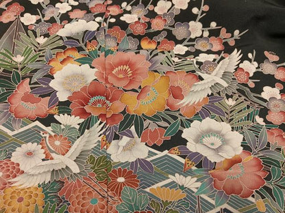 平和屋着物●豪華黒留袖　友禅　作家物　飛鶴草花文　仮絵羽　正絹　逸品　未使用　AABJ7191ph