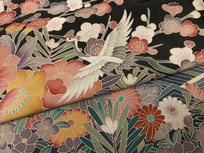 平和屋着物●豪華黒留袖　友禅　作家物　飛鶴草花文　仮絵羽　正絹　逸品　未使用　AABJ7191ph