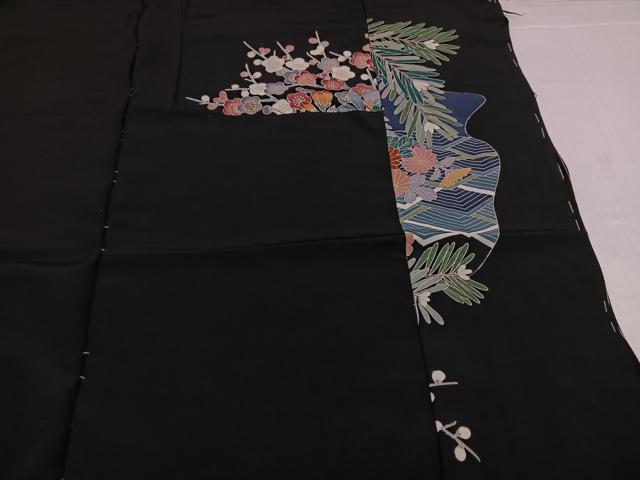平和屋着物●豪華黒留袖　友禅　作家物　飛鶴草花文　仮絵羽　正絹　逸品　未使用　AABJ7191ph