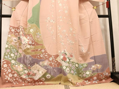 平和屋着物●訪問着　辻が花　駒刺繍　地紙草花文　金彩　正絹　逸品　AABJ7194ph