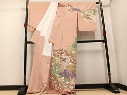 平和屋着物●訪問着　辻が花　駒刺繍　地紙草花文　金彩　正絹　逸品　AABJ7194ph