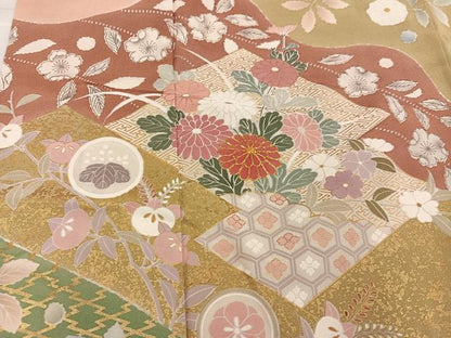 平和屋着物●訪問着　辻が花　駒刺繍　地紙草花文　金彩　正絹　逸品　AABJ7194ph