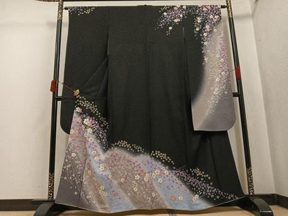 平和屋着物●豪華振袖　夜桜　暈し染め　黒地　金銀糸　金通し地　正絹　逸品　AABJ7201ph