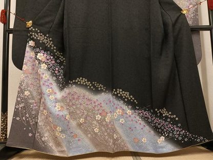 平和屋着物●豪華振袖　夜桜　暈し染め　黒地　金銀糸　金通し地　正絹　逸品　AABJ7201ph
