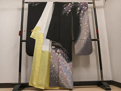 平和屋着物●豪華振袖　夜桜　暈し染め　黒地　金銀糸　金通し地　正絹　逸品　AABJ7201ph