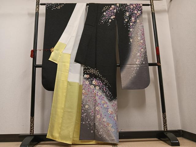 平和屋着物●豪華振袖　夜桜　暈し染め　黒地　金銀糸　金通し地　正絹　逸品　AABJ7201ph