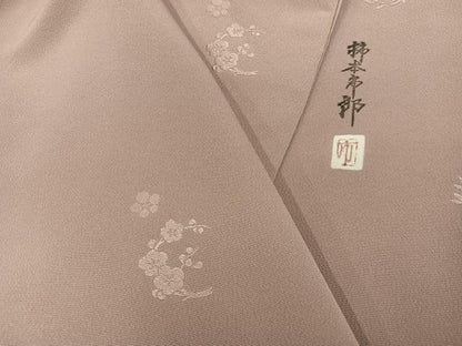 平和屋着物●本加賀友禅作家　柿本市郎監修　色無地　梅笹地紋　白茶色　やまと誂製　正絹　逸品　AABJ7208ph