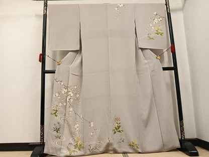 平和屋着物●訪問着　友禅　草花文　金彩　鬼しぼ縮緬　正絹　逸品　AABJ7216ph