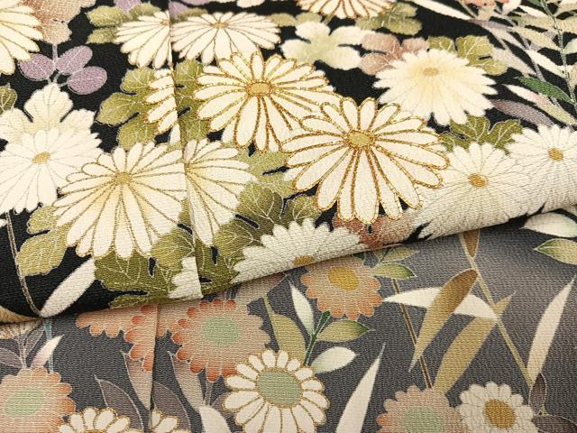 平和屋着物●吉澤友禅　訪問着　駒刺繍　草花文　暈し染め　黒地　金彩　丹後ちりめん　仮絵羽　正絹　逸品　未使用　AABJ7217ph