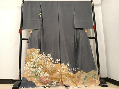 平和屋着物●色留訪問着　駒刺繍　草花文　松波　金彩　浜ちりめん　仮絵羽　正絹　逸品　未使用　AABJ7218ph
