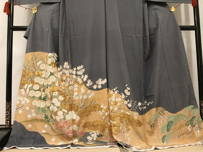 平和屋着物●色留訪問着　駒刺繍　草花文　松波　金彩　浜ちりめん　仮絵羽　正絹　逸品　未使用　AABJ7218ph