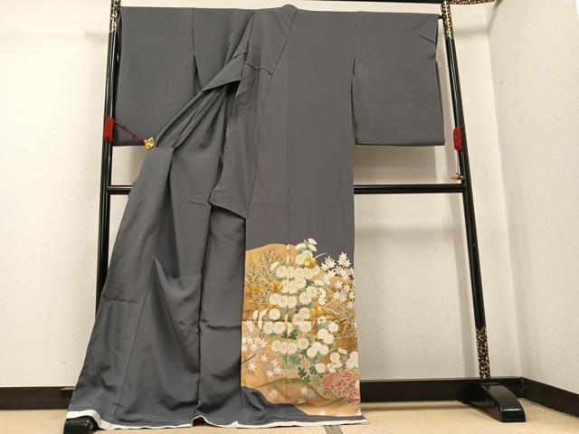平和屋着物●色留訪問着　駒刺繍　草花文　松波　金彩　浜ちりめん　仮絵羽　正絹　逸品　未使用　AABJ7218ph