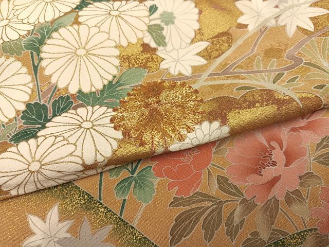 平和屋着物●色留訪問着　駒刺繍　草花文　松波　金彩　浜ちりめん　仮絵羽　正絹　逸品　未使用　AABJ7218ph