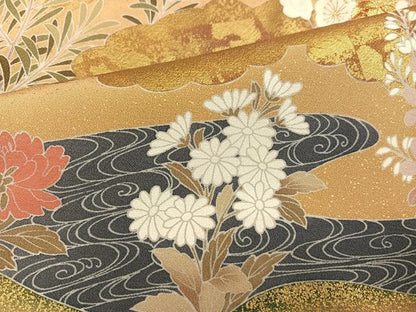 平和屋着物●色留訪問着　駒刺繍　草花文　松波　金彩　浜ちりめん　仮絵羽　正絹　逸品　未使用　AABJ7218ph