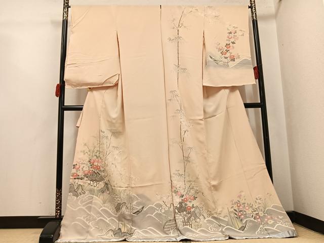 平和屋着物●訪問着　友禅　松寿　草花籬立波舟文　暈し染め　金彩　仮絵羽　正絹　逸品　未使用　AABJ7223ph