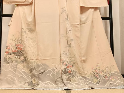 平和屋着物●訪問着　友禅　松寿　草花籬立波舟文　暈し染め　金彩　仮絵羽　正絹　逸品　未使用　AABJ7223ph