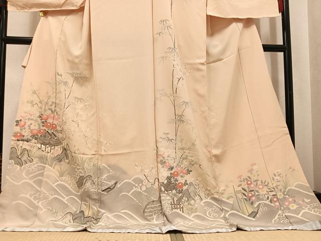 平和屋着物●訪問着　友禅　松寿　草花籬立波舟文　暈し染め　金彩　仮絵羽　正絹　逸品　未使用　AABJ7223ph