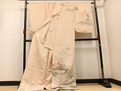 平和屋着物●訪問着　友禅　松寿　草花籬立波舟文　暈し染め　金彩　仮絵羽　正絹　逸品　未使用　AABJ7223ph