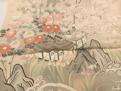 平和屋着物●訪問着　友禅　松寿　草花籬立波舟文　暈し染め　金彩　仮絵羽　正絹　逸品　未使用　AABJ7223ph