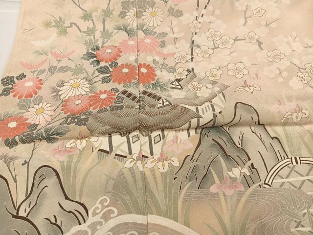 平和屋着物●訪問着　友禅　松寿　草花籬立波舟文　暈し染め　金彩　仮絵羽　正絹　逸品　未使用　AABJ7223ph