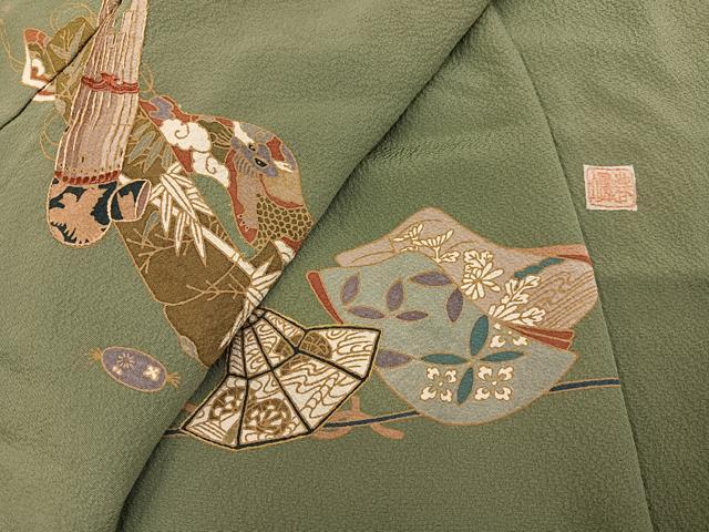 平和屋着物●訪問着　作家物　楽器花文　金彩　高砂ちりめん　仮絵羽　正絹　逸品　未使用　AABJ7231ph