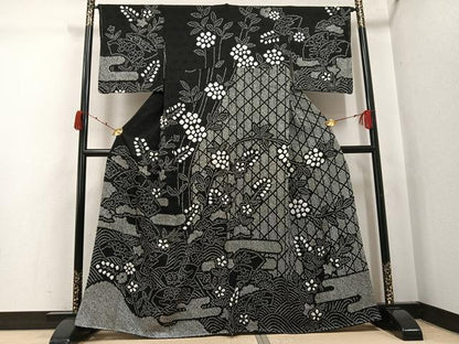 平和屋着物●訪問着　総絞り　地紙花文　黒地　正絹　逸品　未使用　AABJ7236ph