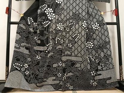 平和屋着物●訪問着　総絞り　地紙花文　黒地　正絹　逸品　未使用　AABJ7236ph