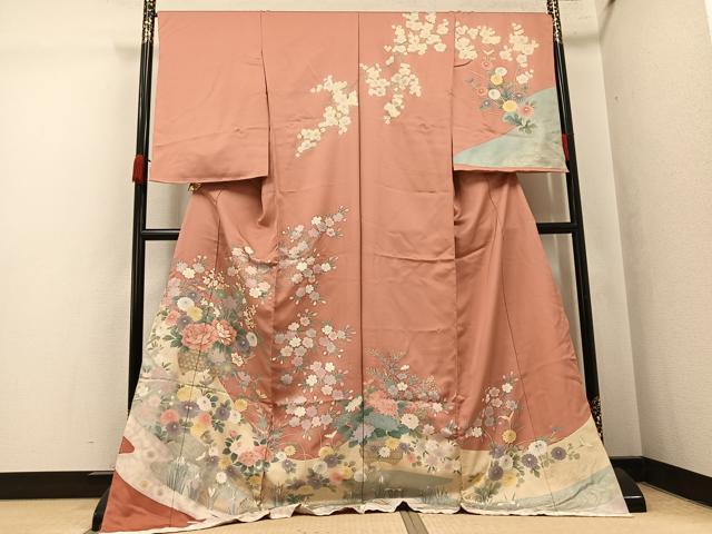 平和屋着物●訪問着　駒刺繍　草花文　金彩　仮絵羽　正絹　逸品　未使用　AABJ7240ph
