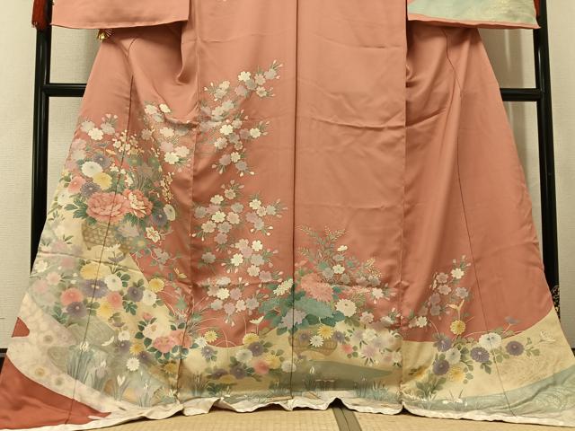 平和屋着物●訪問着　駒刺繍　草花文　金彩　仮絵羽　正絹　逸品　未使用　AABJ7240ph