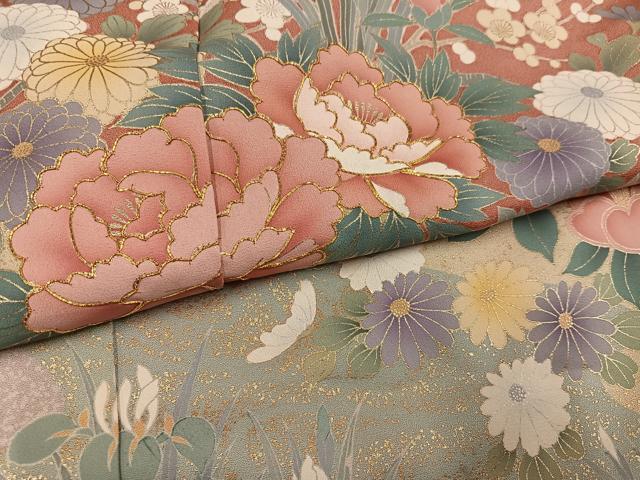 平和屋着物●訪問着　駒刺繍　草花文　金彩　仮絵羽　正絹　逸品　未使用　AABJ7240ph