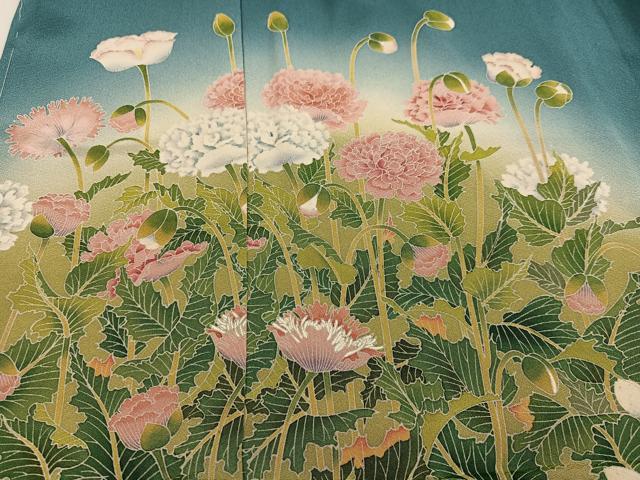 平和屋着物●訪問着　友禅　作家物　枝花文　湖の絲　暈し染め　浜ちりめん　仮絵羽　正絹　逸品　未使用　AABJ7245ph
