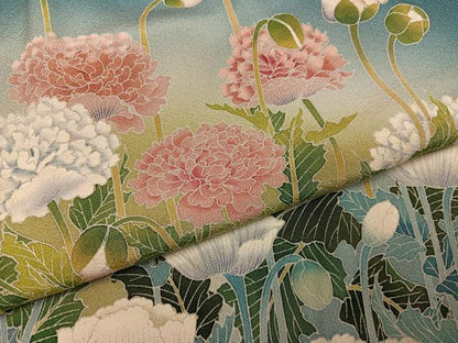 平和屋着物●訪問着　友禅　作家物　枝花文　湖の絲　暈し染め　浜ちりめん　仮絵羽　正絹　逸品　未使用　AABJ7245ph