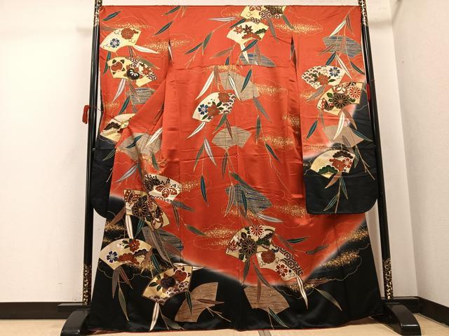 平和屋着物●豪華振袖　地紙花蝶文　暈し染め　金彩　正絹　逸品　AABJ7246ph