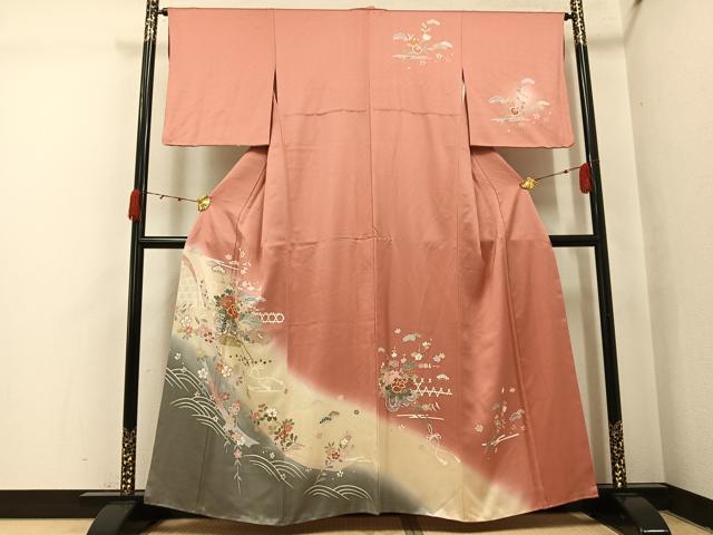 平和屋着物●訪問着　駒刺繍　花車文　暈し染め　金彩　正絹　逸品　AABJ7249ph