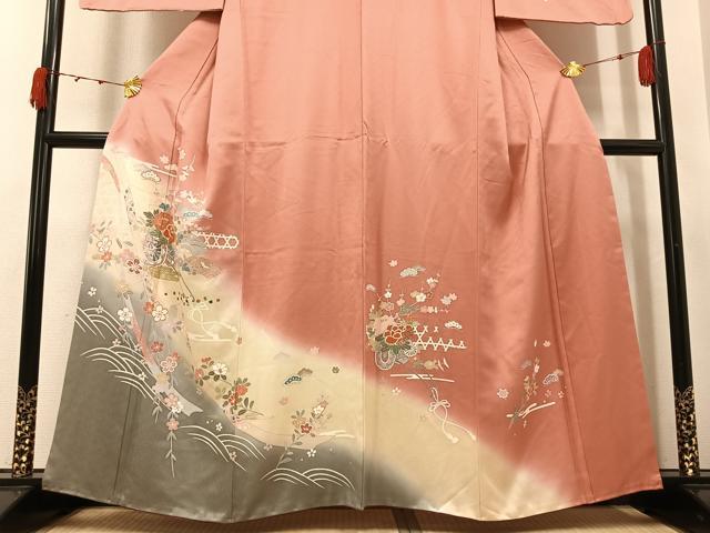 平和屋着物●訪問着　駒刺繍　花車文　暈し染め　金彩　正絹　逸品　AABJ7249ph