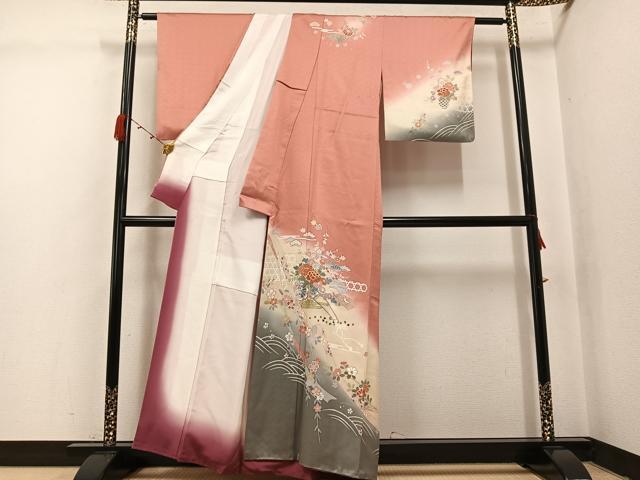 平和屋着物●訪問着　駒刺繍　花車文　暈し染め　金彩　正絹　逸品　AABJ7249ph