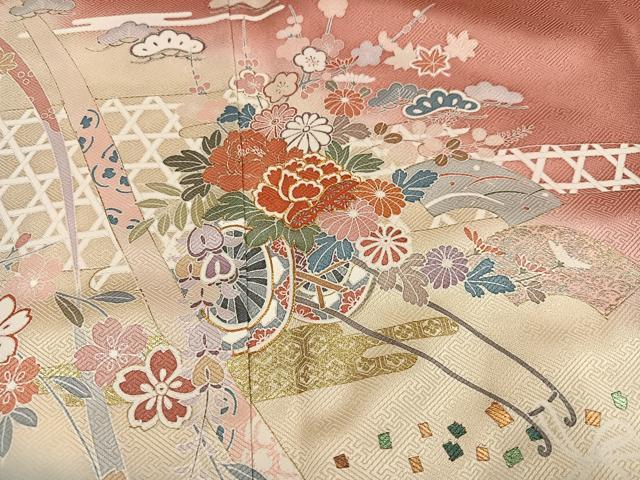平和屋着物●訪問着　駒刺繍　花車文　暈し染め　金彩　正絹　逸品　AABJ7249ph