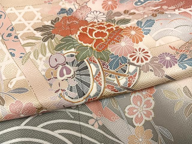 平和屋着物●訪問着　駒刺繍　花車文　暈し染め　金彩　正絹　逸品　AABJ7249ph