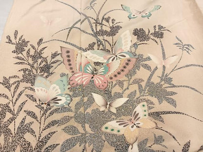 平和屋着物●訪問着　草花舞蝶文　金銀彩　浜ちりめん　仮絵羽　正絹　逸品　未使用　AABJ7256ph