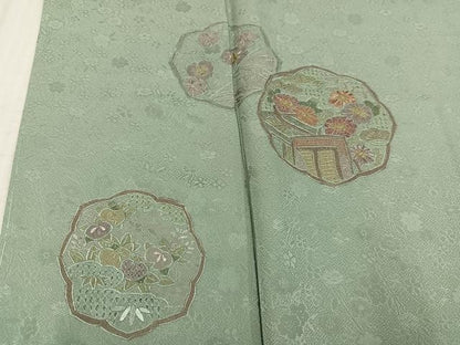 平和屋着物●訪問着　中国三大刺繍　汕頭刺繍　スワトウ刺繍　御所車花文　正絹　逸品　未使用　AABJ7262ph