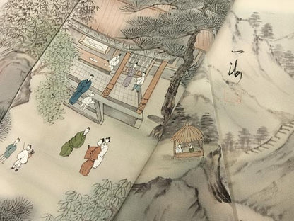 平和屋着物●訪問着　高橋一海　手描き　人物風景文　正絹　逸品　AABJ7267ph