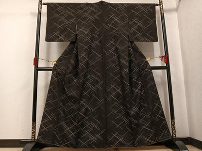 平和屋着物●上質な紬　格子　黒地　正絹　逸品　未使用　AABJ7282ph