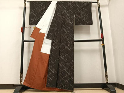 平和屋着物●上質な紬　格子　黒地　正絹　逸品　未使用　AABJ7282ph