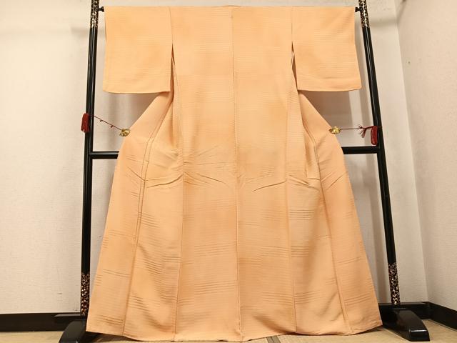 平和屋着物●上質な色無地　横段地紋　萱草色　正絹　逸品　未使用　AABJ7291ph
