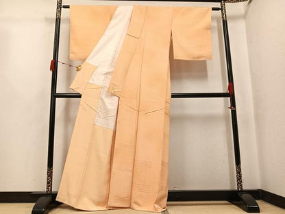 平和屋着物●上質な色無地　横段地紋　萱草色　正絹　逸品　未使用　AABJ7291ph