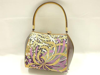 平和屋着物●和装小物　和装バッグ　ハンドバッグ　花柄　金銀糸　帯地使用　逸品　AABJ7321ay
