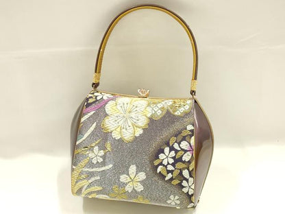 平和屋着物●和装小物　和装バッグ　ハンドバッグ　花柄　金銀糸　帯地使用　逸品　AABJ7321ay